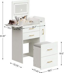 Penjualan laris Vanity rias meja rias 3 in 1 kayu dengan lampu cermin atas lipat kabinet samping bangku tersembunyi Panel dapat dilipat