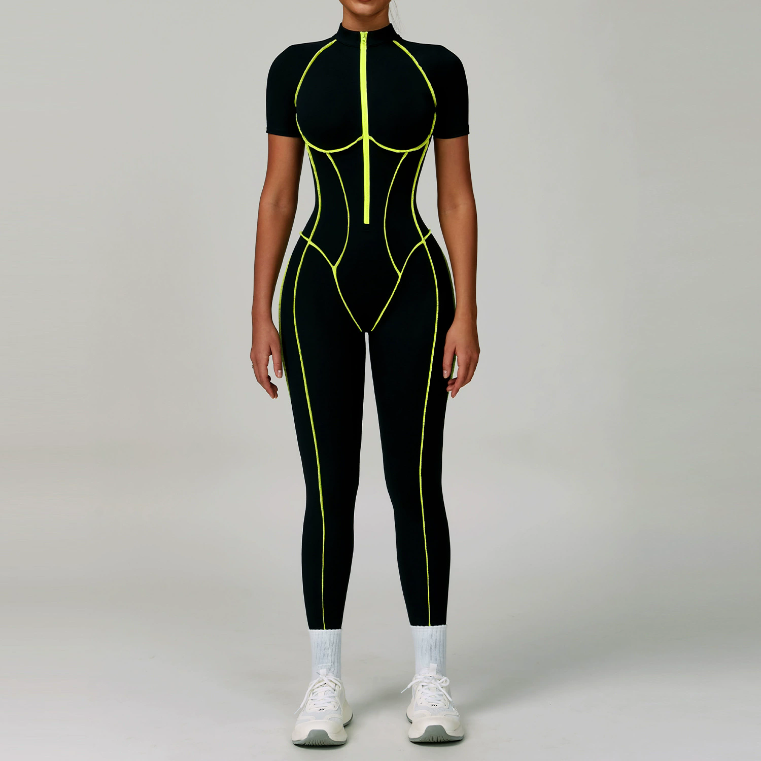 Zip-Up Activewear Jumpsuit (9322): side profile showing stretch, rise and leg-opening fit