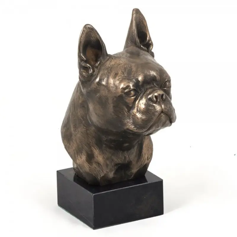 Antiek Brons Polyresin Boston Terrier Beeldje Bronzen Afwerking Art Hond Buste Standbeeld Bureau Decor Beeldhouwwerken Marmeren Voet