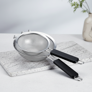 Wholesale Stainless Steel Punch Wide Edge <strong>Colander</strong> With Plastic Black Handle Kitchen Gadget SS Cooking Ware - Product Image 1