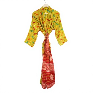 Bata de baño kimono de algodón floral elegante para mujer, estampada a mano con patrón a cuadros, bata larga hasta la rodilla, ropa de dormir de verano - Product Image 1