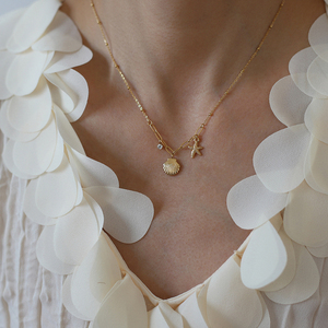 Collar de Acero Inoxidable Chapado en Oro de 18K para Mujer, con Colgante de Estrella de Mar y Concha, Engaste de Circonita, Cadena de Eslabones de 18 Pulgadas, Ideal para Fiestas - Product Image 3