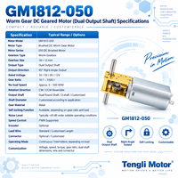 Moteur à engrenages à vis sans fin DC Tengli GM1812-050 à rapport élevé, double arbre de sortie, 12V, autobloquant, 90 degrés, pour ouvre-fenêtre électrique