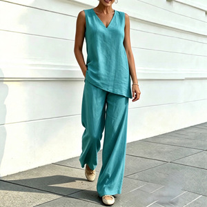Women's Casual V-neck Sleeveless Cotton <b>Linen</b> Top And Wide Leg Pants Two Piece <b>Set</b> Smlxlxxl3xl Solid Color - Product Image 1