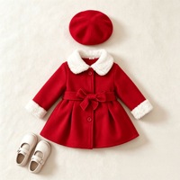 Ensemble manteau et béret rouge pour bébé fille, style automne-hiver, Noël, avec col et poignets fourrés, et nœud à la taille