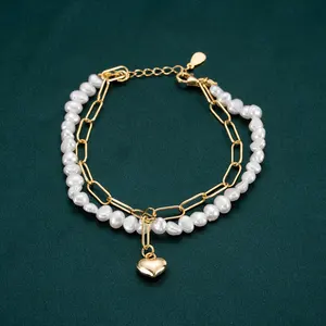 Donne all'ingrosso 925 Sterling Silver placcato oro Design unico doppio strato a forma di cuore ciondolo braccialetto di fascino gioielli di perle