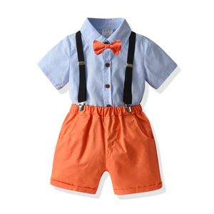 Conjunto de Ropa Casual para Niños Pequeños, Camisa a Rayas con Corbata de Lazo y Tirantes, Pantalones Cortos Blancos de Algodón, Traje de Caballero - Product Image 6