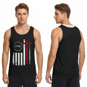 Men's <b>Black</b> Tank Top 1776 American Flag Cross Print O-Neck Sleeveless Casual Workout <b>Vest</b> Breathable Polyester - Product Image 3