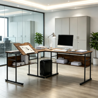 Bureau d'ordinateur moderne en acier en forme de L, grand bureau double, table de travail portable pour usage commercial, table à dessin simple et élégante