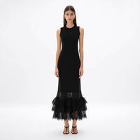Robe longue trapèze personnalisée pour femme, sexy, noire, en dentelle à cils et maille, à col rond, sans manches, avec volants superposés et dentelle à plusieurs couches