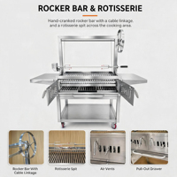 Barbecue à charbon de bois Santa Maria Premium argentin, chariot entièrement en acier inoxydable, système de levage motorisé pour rôtissoire, tables latérales