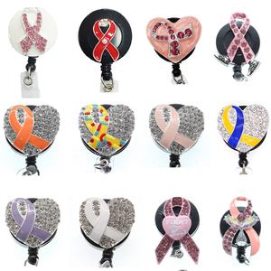 Escritório Suprimento Médico Breast Cancer Awareness Ribbon Strass Retrátil Enfermeira Sparkles ID Badge Holder Reel - Product Image 1