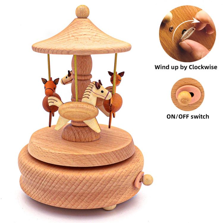 Boîte à musique en bois carrousel couleur bois avec 4 chevaux rotatifs