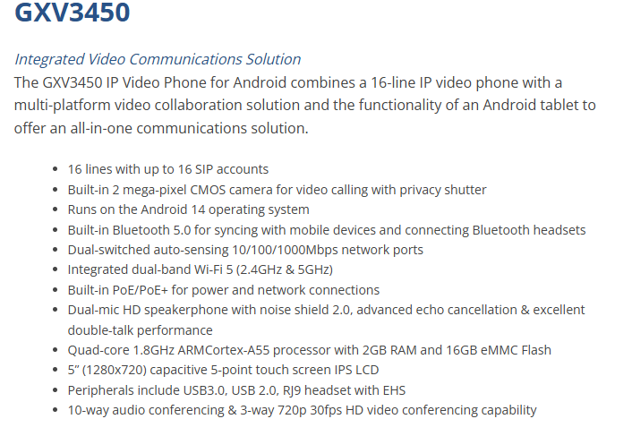 Grandstream GXV3450 5" Touch Android IP Video Phone 16 SIP 2 MP Cam Dual GigE PoE+ Enterprise Desktop Video Conferencing Phone · image 6