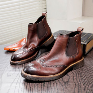 Retro genuine leather high-top business casual comfortable leather <b>boots</b> with brook carving pattern, fashionable men's <b>boots</b> - Product Image 6