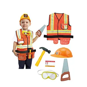 Kids Orange Construction Worker Role Play Costume Kit Set With Tool Toys