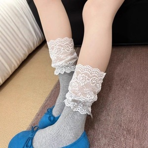 Lace <b>Socks</b> Women Mid Calf Milky White Light Gray <b>Black</b> Breathable Sweat Absorbing Polyester Fiber Bow Design - Product Image 2