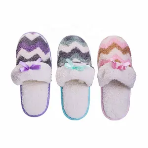 2023 Wholesale winter bow tie slipper teddy bear curly wool plush women's slippers Indoor warm non slip Shoes