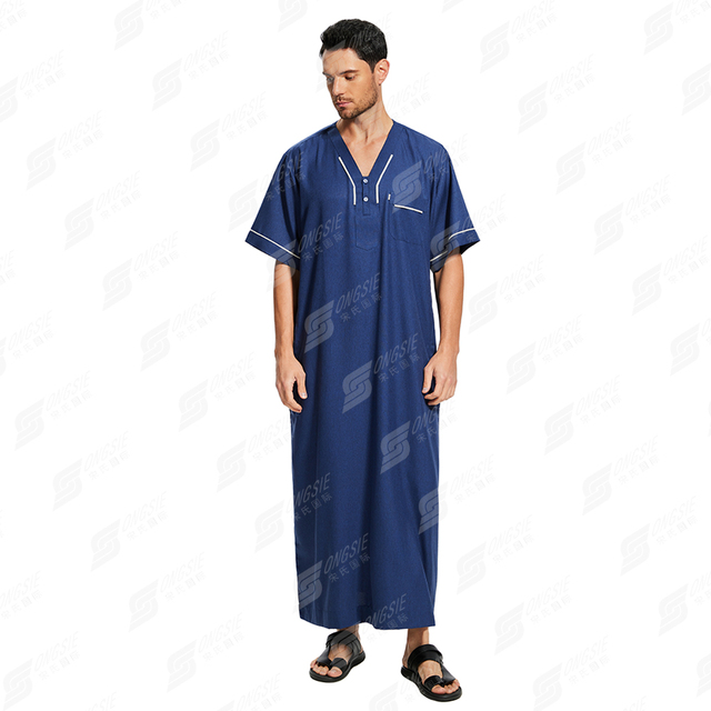 Saudi New Fashion Muslim Short Sleeve Sleep Robe with Combination for Men Middle East Thobe Soft Customized Fabric