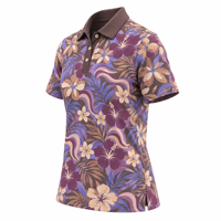 Polo Golf Wanita Mocha Brown Retro Motif Bunga Lengan Pendek UPF50+ Penyerap Kelembapan untuk Golf dan Liburan Akhir Pekan