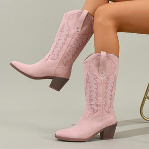 Bottes de cowboy western pour femme, automne, style punk flamboyant, brodées, à bout carré, hauteur genou, talon épais, bottes de chevalier uniques et tendance - Product Image 2