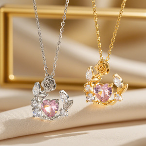 Collare De Acero inossidabile romantico rosso zircone cristallo cuore rosa collane da donna in acciaio inox catena di gioielli - Product Image 1