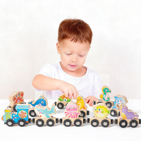 Juguete de Madera de Tren Miniatura para Educación Temprana Infantil, 11 Piezas, Juguete de Vehículo Cognitivo de Animales de Madera Maciza, Juguetes Educativos de Madera para Niños