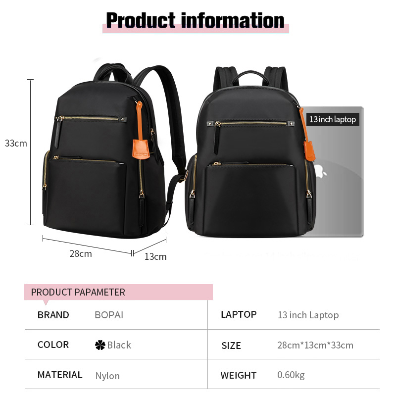 BOPAI Waterproof 13 Inch Travel Fashion Daily Leisure Light for Ladies Bag  Back Pack Business Women Casual Laptop Backpack
