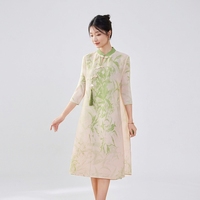 Robe Cheongsam de style chinois moderne pour femmes, grande taille, imprimé feuilles de bambou, col mandarin, Qipao coupe trapèze ample, longueur genou