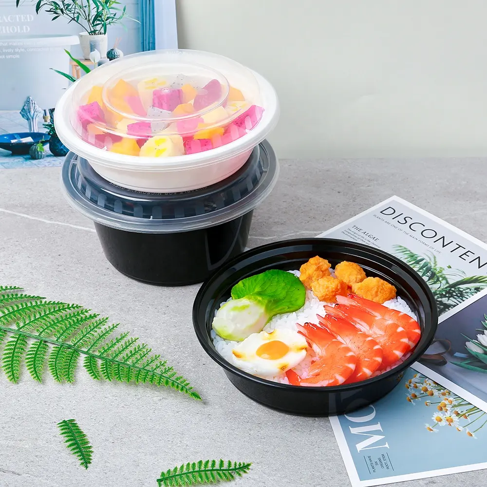 Caja de ensalada redonda desechable de grado alimenticio PP apta para microondas tazón de fideos contenedor de comida redondo americano con tapa