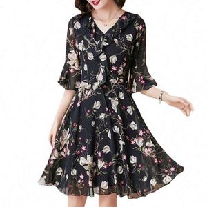 Chiffon Korean Dress - V-Neck Ruffled Midi Style