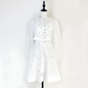 Vestidos de moda para mujer con cuello alto, estampado vintage, manga larga gruesa y manga farol con lazo - Product Image 3