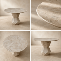 Table à manger ronde moderne de luxe, plateau en marbre travertin blanc naturel, piédestal sculptural, pour hôtel, restaurant, personnalisable