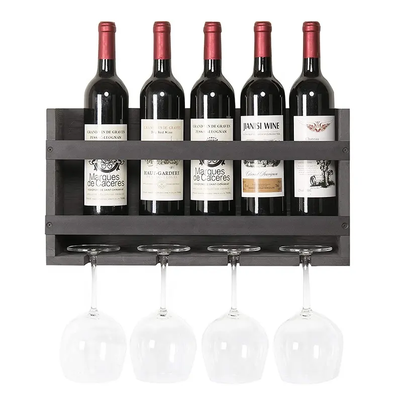 Estante de madera para vino montado en la pared, estante colgante de madera para vino con metal, Vintage, gris, 5 botellas