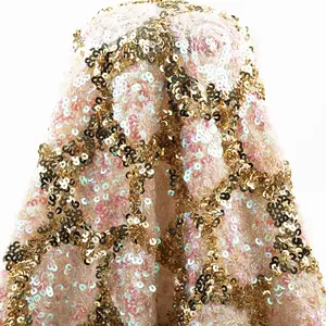 industry golden supplier Spandex mesh 4-way stretch embroideryMagic Pink champagne sequin fabric for dance dress