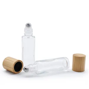 空の竹蓋エッセンシャルオイルすりガラスロール香水瓶にスチールローラーボール5ml 10ml 15ml