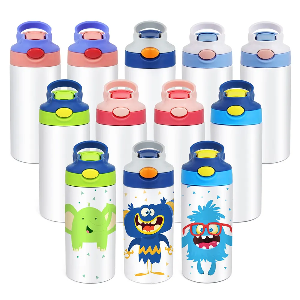 Benutzer definierte Kinder Sublimation Becher 12 Unzen Edelstahl Isolierte Kinder Wasser flasche mit einem Klick Pop-up Stroh deckel und Griff