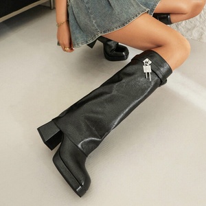 Bright Color Wide Fit Large Size 48 Women Square Toe Overlay Shoes Lady Lock Shark Booties Chunky Heels Knee High <b>Boots</b> - Product Image 5