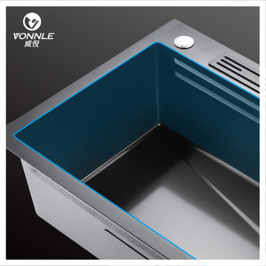 Évier de cuisine en acier inoxydable à cuve unique avec plateau, design moderne, installation sur plan de travail à un trou - Product Image 2