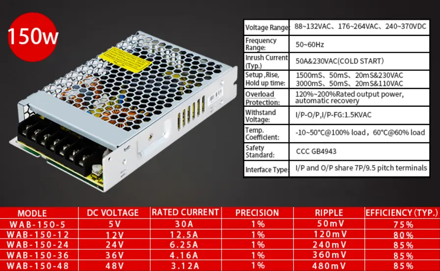 WEIDUN WAB-150-24 150w 24v 110V 220V Fonte de alimentação universal AC para DC 24V comutação