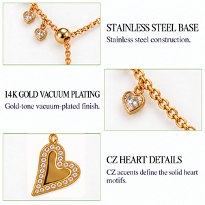 Collar Lariat con Corazón de Acero Inoxidable, Chapado al Vacío en Oro de 14K, con Cristales, Color Dorado o Plateado - Product Image 4