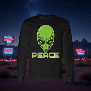 Maglietta a maniche lunghe Alien Head Peace con stampa nera e verde, maglietta promozionale - Product Image 3