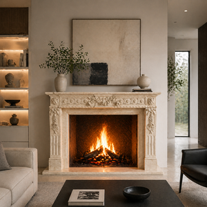 Chimenea tradicional de mármol con tallado ornamentado, de mármol beige Galala, para interiores, con estufa de leña para comedor. - Product Image 6
