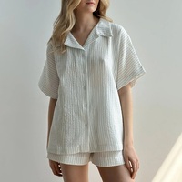 Ensemble de pyjama d'été personnalisé pour femme, motif à carreaux, taille élastique, manches courtes, en crêpe de coton, chemise de nuit à revers en crêpe, pour la maison