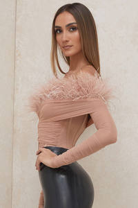 Arrossire i body con piume sulle spalle per le tute da <span class=keywords><strong>donna</strong></span> a <span class=keywords><strong>maniche</strong></span> <span class=keywords><strong>lunghe</strong></span> - Product Image 5