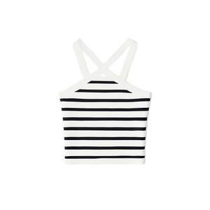 Débardeur court en tricot rayé à bretelles croisées pour femme, blanc et noir - Product Image 2