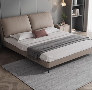 Lit double moderne en bois massif avec sommier en cuir de vachette, ensemble de meubles de chambre à coucher minimaliste pour chambre principale - Product Image 2
