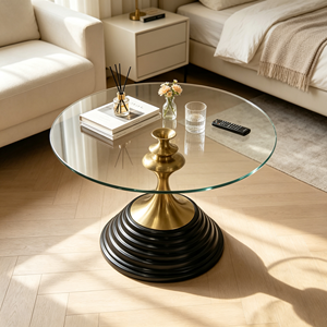 Mesa de Centro de Vidrio Templado Redonda de Lujo con Pedestal de Metal Dorado y Base Negra en Capas para Sala de Estar, Hogar, Sofá, Hotel y Vestíbulo - Product Image 4