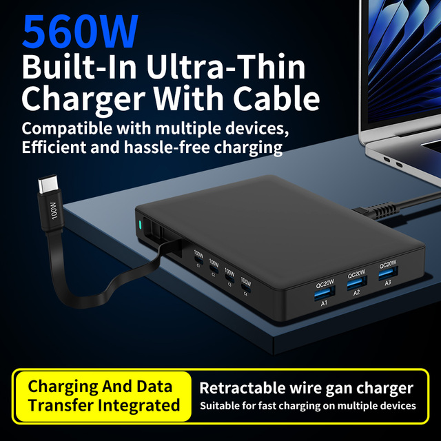 GaN 560W Ultra-slim Desktop Charger PD100W QC4.0 Type-C 100W Retractable Cable Desktop Charger Station for Mobile Phone & Laptop
