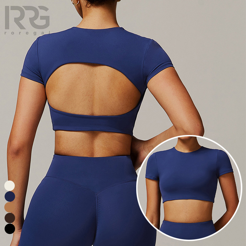 Roregal Quick Drying Round Neck Yoga Short Sleeved Hollow Back Tight Fitting Top Running Fitness T-Shirt for Women
